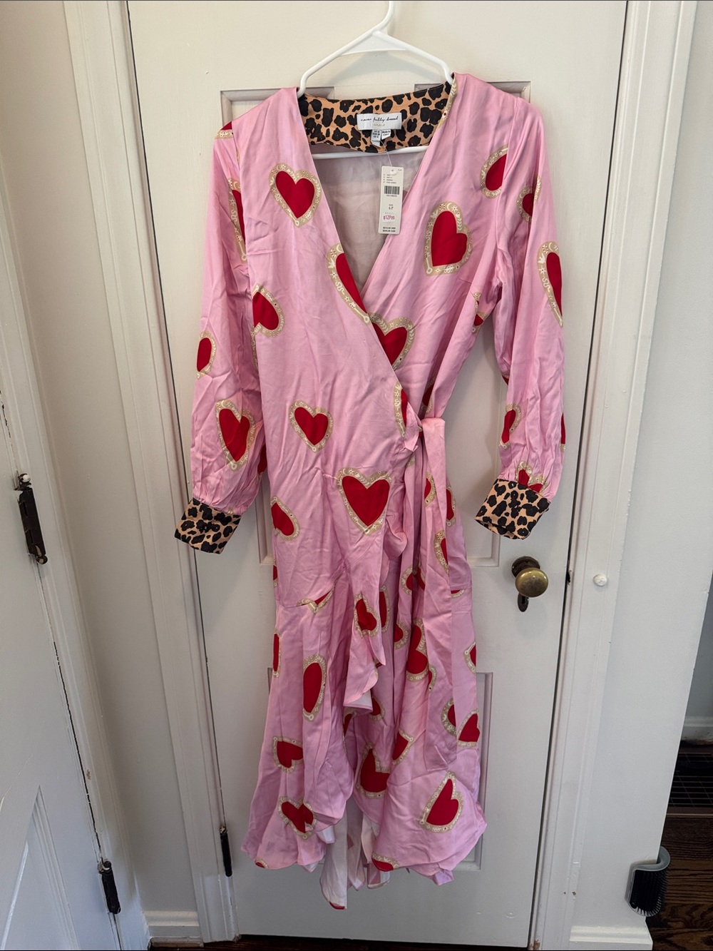 Anthropologie Never Fully Dressed Pink Wrap Dress with Red Heart Appliqués